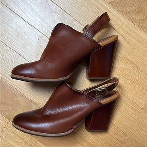 Kork-Ease Brown LeatherSlingback Mules with Chunky 4" Heel